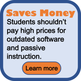 Saves money. Students shouldn't pay high prices for outdated software and passive instruction.